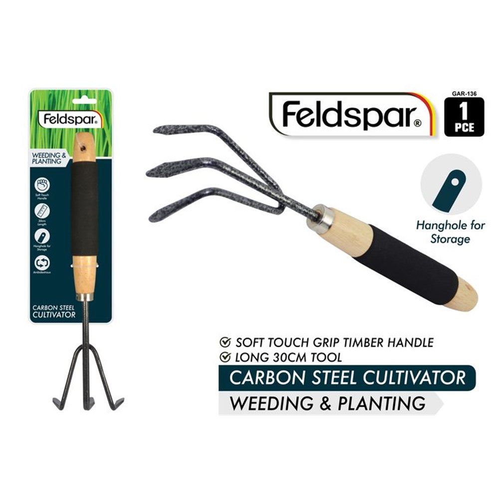 black carbon steel tines; wooden timber handle with black soft touch grip; hanghole at end of handle; 3-pronged cultivator head; packaged on blue and green backing card;