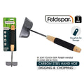 black carbon steel blade; timber handle with black soft touch grip; 28cm length; packaged with green and black label; hanghole on handle end;
