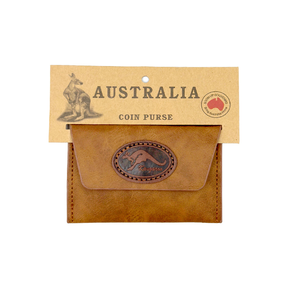 brown faux leather material; kangaroo emblem on front; flap closure; compact rectangular shape; packaged with Australia themed cardboard tag;