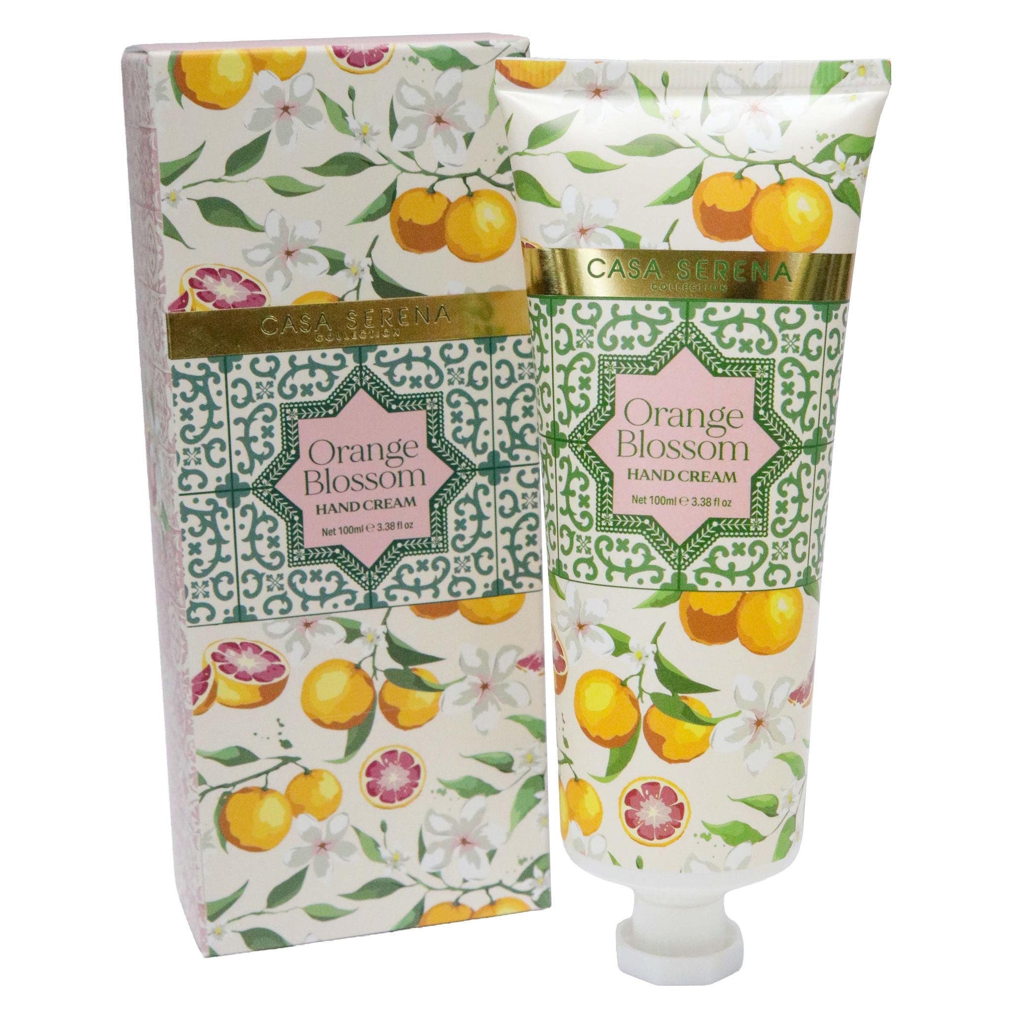 100ml tube packaging; Decorative floral and fruit pattern; Green and gold decorative label; Predominantly white background with orange and green accents;