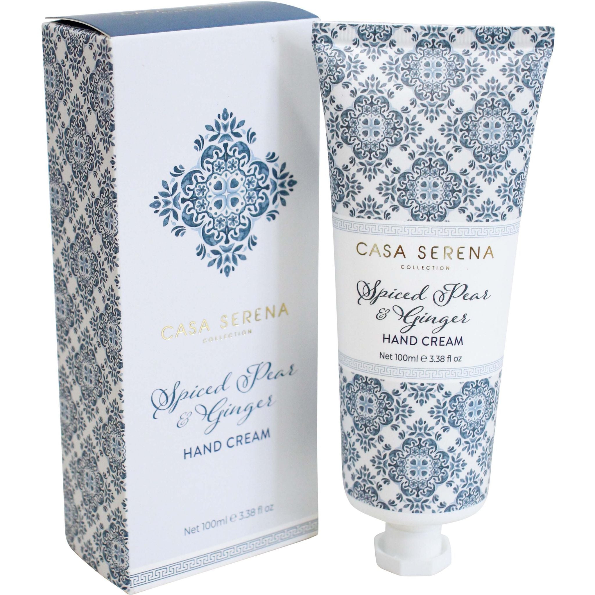 Tube with blue and white floral pattern; Gold foil text on packaging; 100ml tube size; Box and tube both feature decorative pattern; White plastic cap on tube;