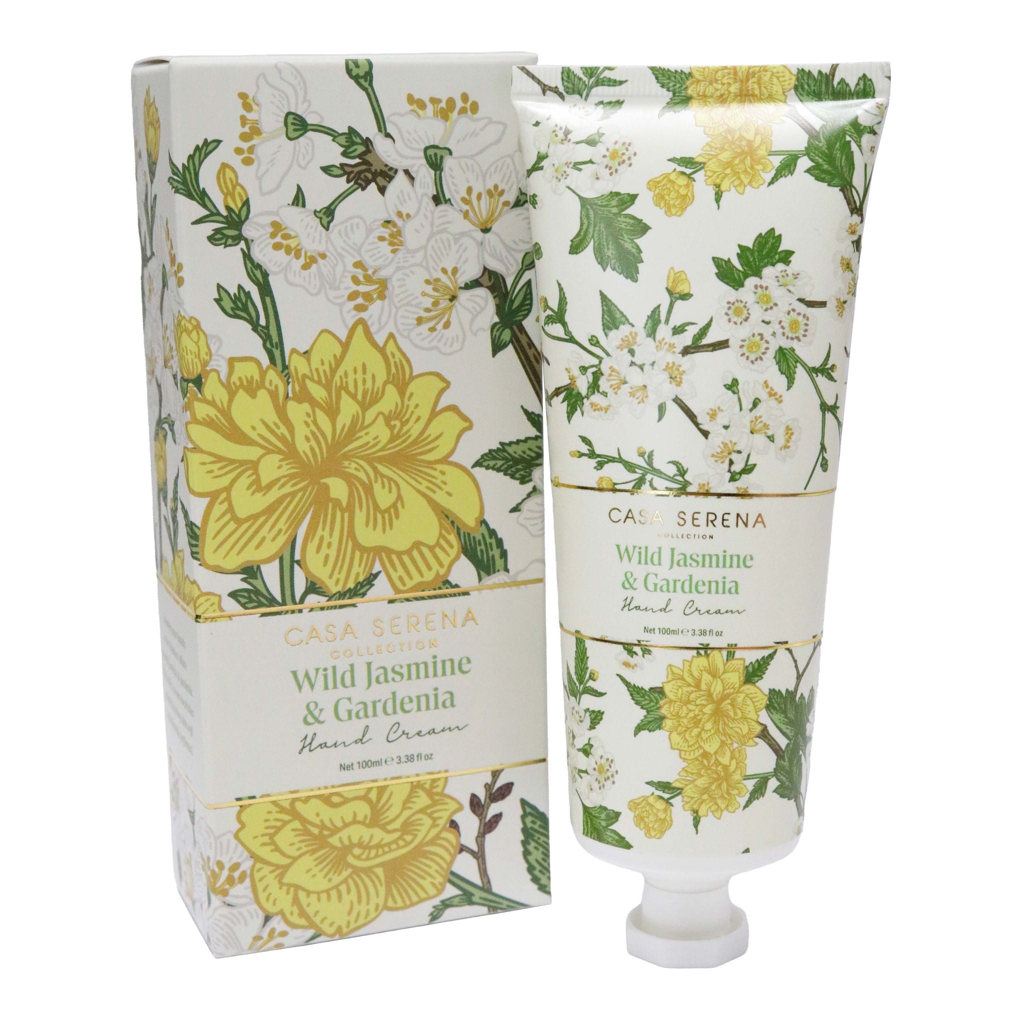 White tube with floral print in yellow and green; Matching floral patterned box; Gold accents on packaging; 100ml size shown on tube; Screw-on white cap;