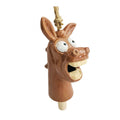 Brown glossy ceramic donkey head shape; Wide open mouth with large cream teeth; Exaggerated eyes and facial expression; Natural rope loop for hanging; Cylindrical lower section with small wooden clapper;