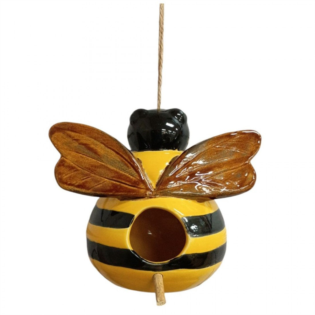 Bee-shaped ceramic bird house; Yellow and black striped body; Brown glossy wings on each side; Round entry hole with small wooden perch; Natural twine-style hanging cord at the top;