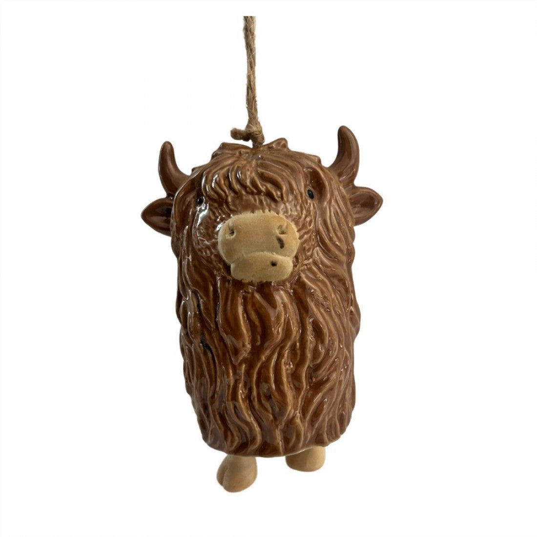 Brown ceramic Highland cow figure with long textured fur; Cream-coloured snout and small black eyes; Short horns and ears on either side of the head; Small rounded feet visible at the bottom; Natural twine hanging loop attached at the top;