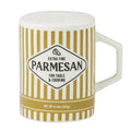 olive and white vertical striped pattern; ceramic material; handle on side; multiple holes on top for shaking; parmesan label with black text;