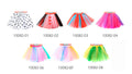 Flared skirt shape with layered sheer fabric; Gathered waistband; Image shows examples in several colour combinations, including pink, green, red and black-and-white;