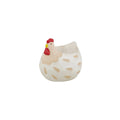 hen shaped design; ivory colour with red and yellow detailing; ceramic material; compact size around 8x7.5cm;