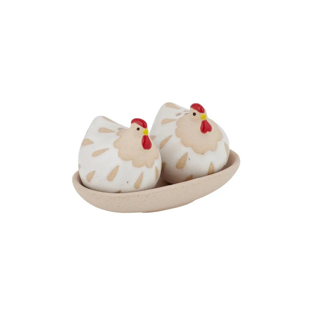 Ivory coloured ceramic chook-shaped salt and pepper shakers; Red and yellow painted chook features; Speckled beige ceramic tray included; Compact size, approx 10 x 6 x 6 cm; Matte textured ceramic finish;