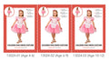 pink dress with white apron; puff sleeves; pink hair bow included; kid model shown in three sizes;