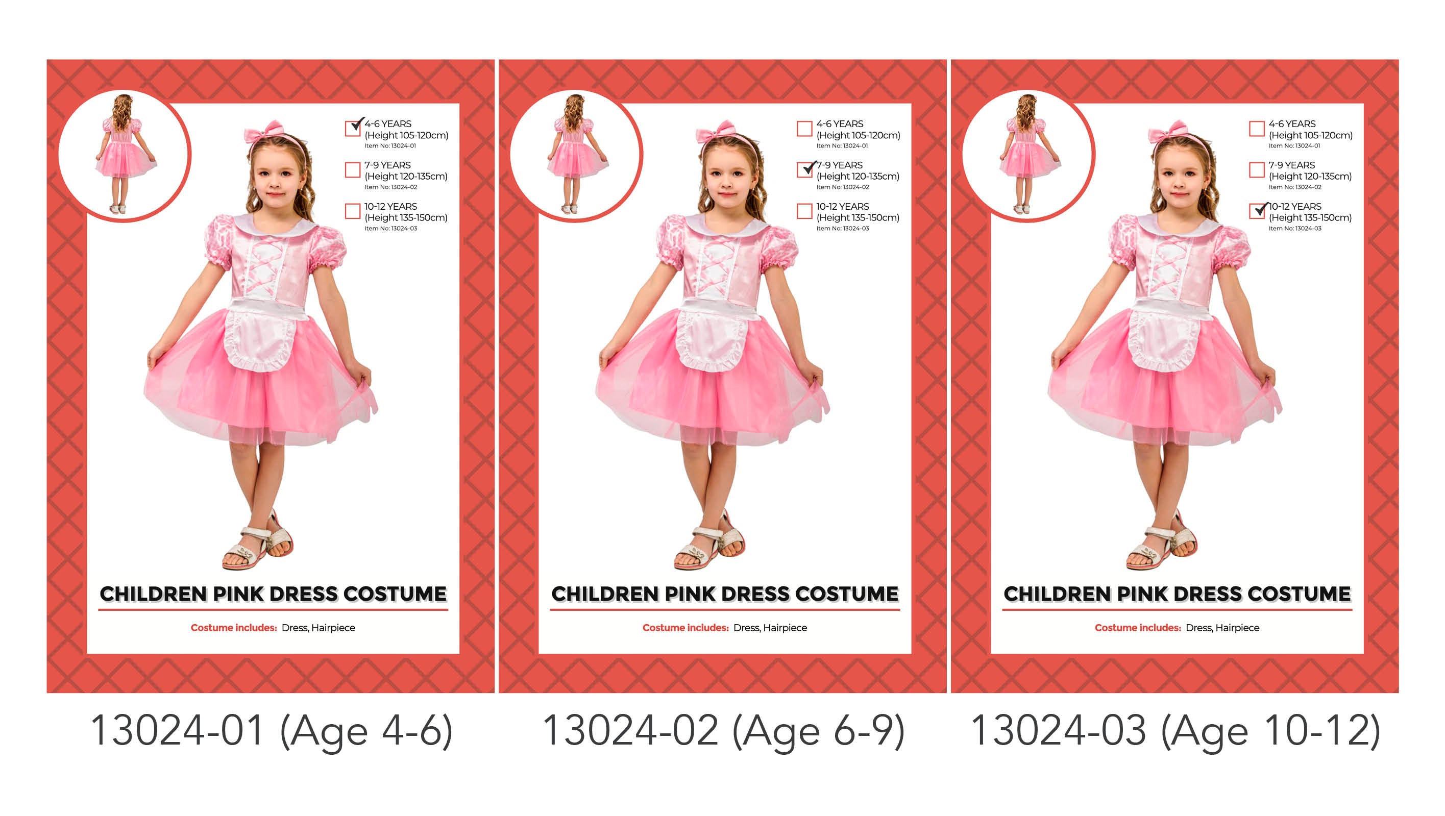 pink dress with white apron; puff sleeves; pink hair bow included; kid model shown in three sizes;
