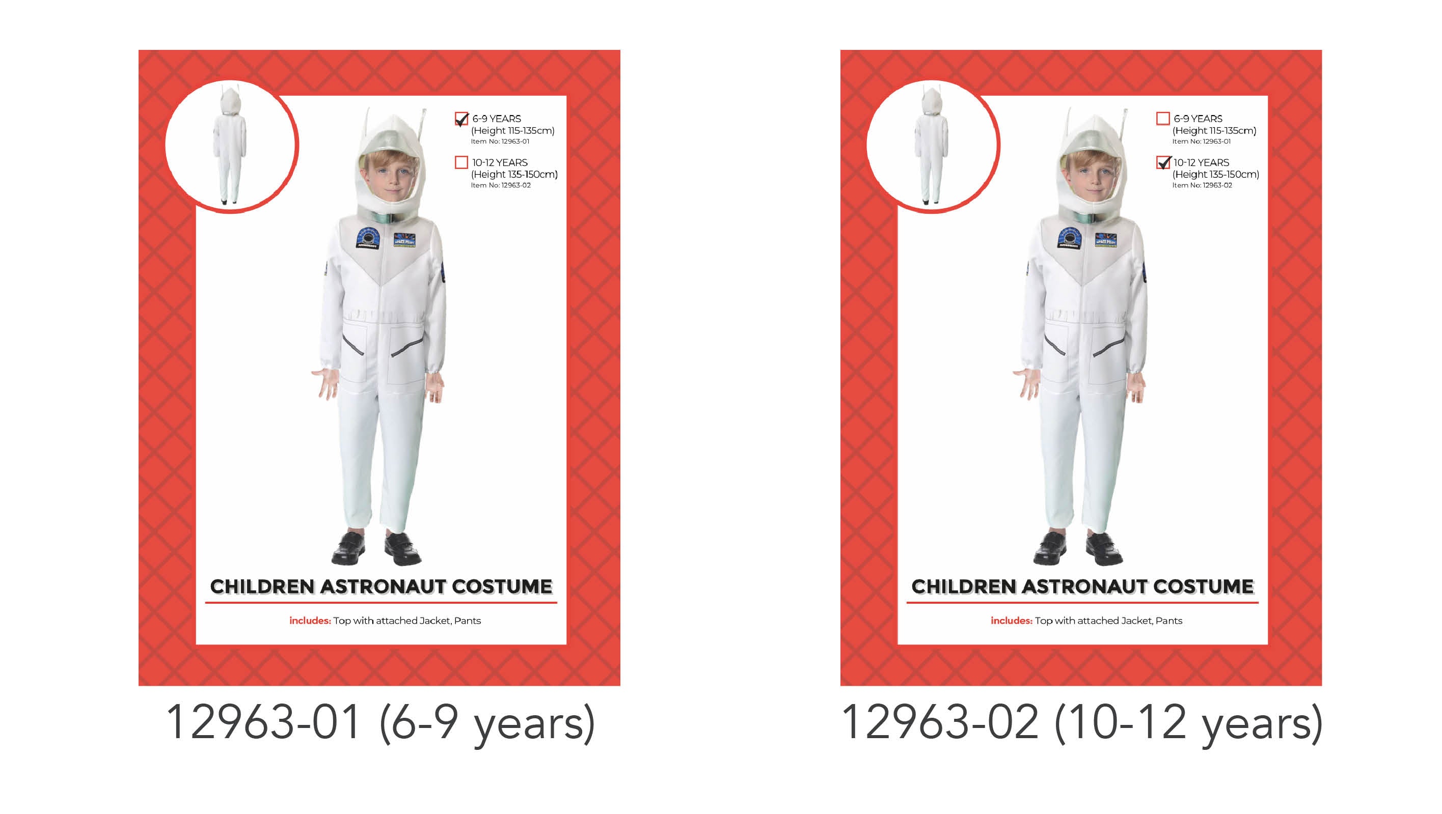 white astronaut costume; includes top with attached jacket; matching pants included; space mission patches on chest and arms; shown on child model;