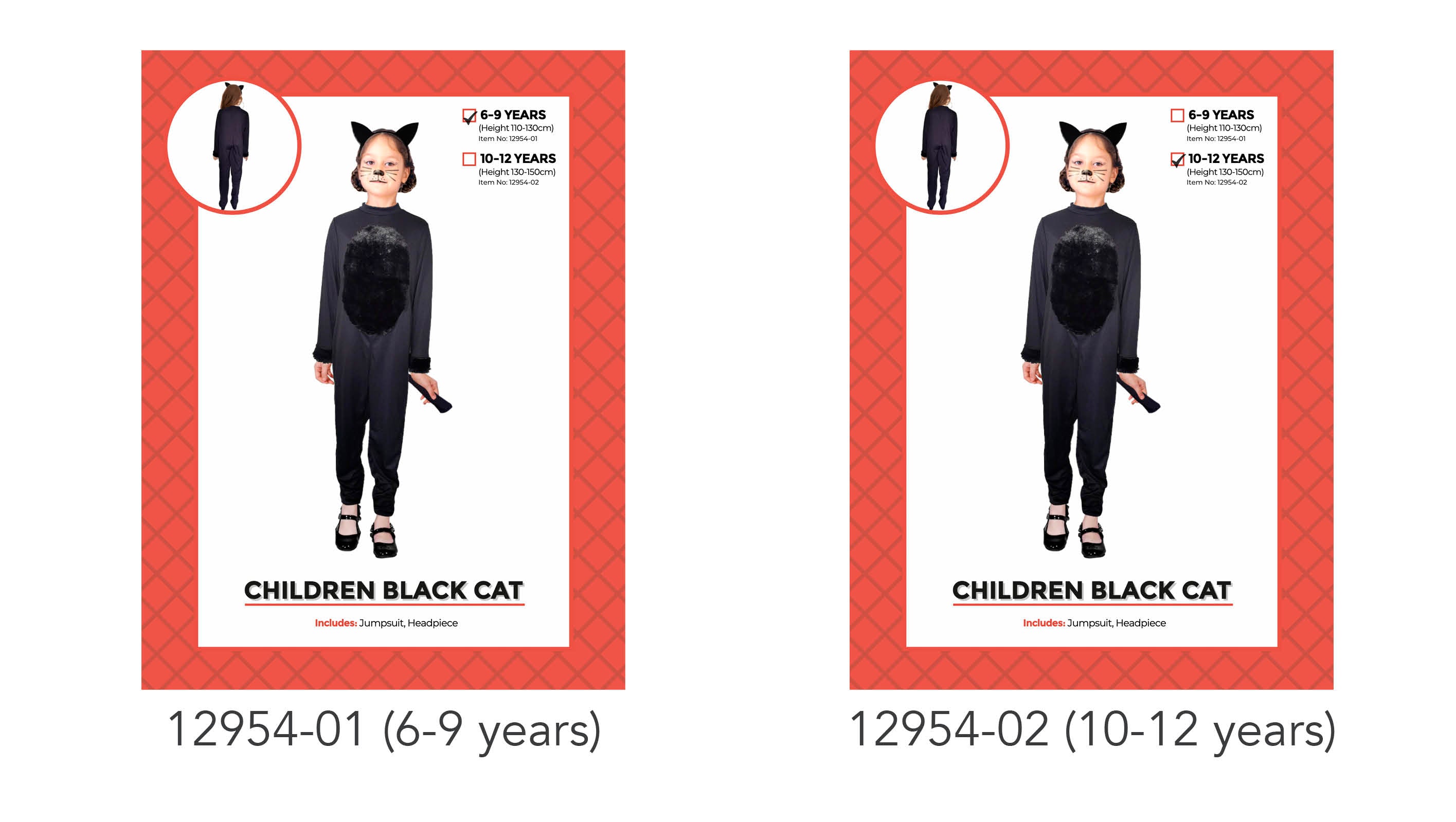 black jumpsuit with furry black patch on front; black cat ear headpiece; full-body jumpsuit with long sleeves and pant legs; furry cuffs on sleeves and pant legs; child model wearing makeup with whiskers;