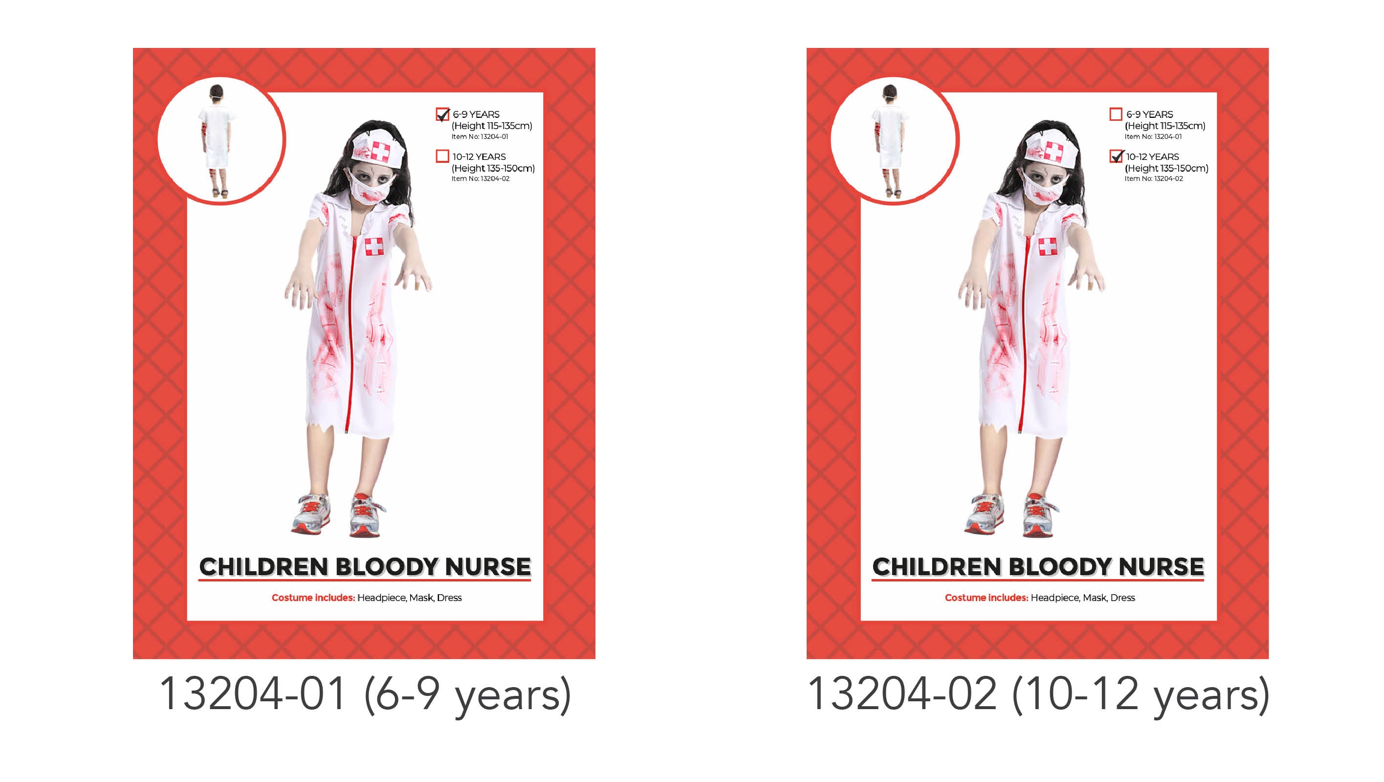 white dress with red blood stains; includes nurse headpiece with red cross; matching bloody face mask; child-sized costume; available in two size options;