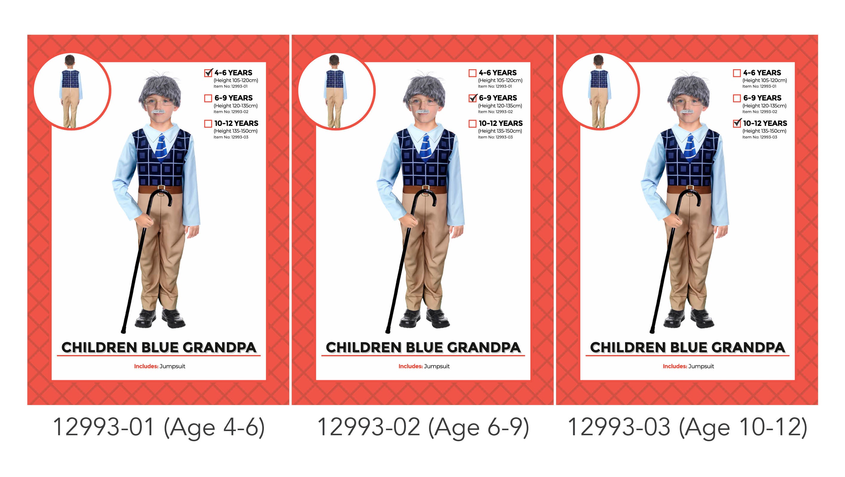 Blue long-sleeve jumpsuit with printed white shirt and blue patterned vest; Tan printed trousers on jumpsuit; Includes printed blue tie; Child wearing grey wig and mustache shown for styling suggestion;