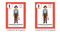 blue and white striped long sleeve top; brown pants with suspenders; brown hat accessory; elastic waistband on pants;