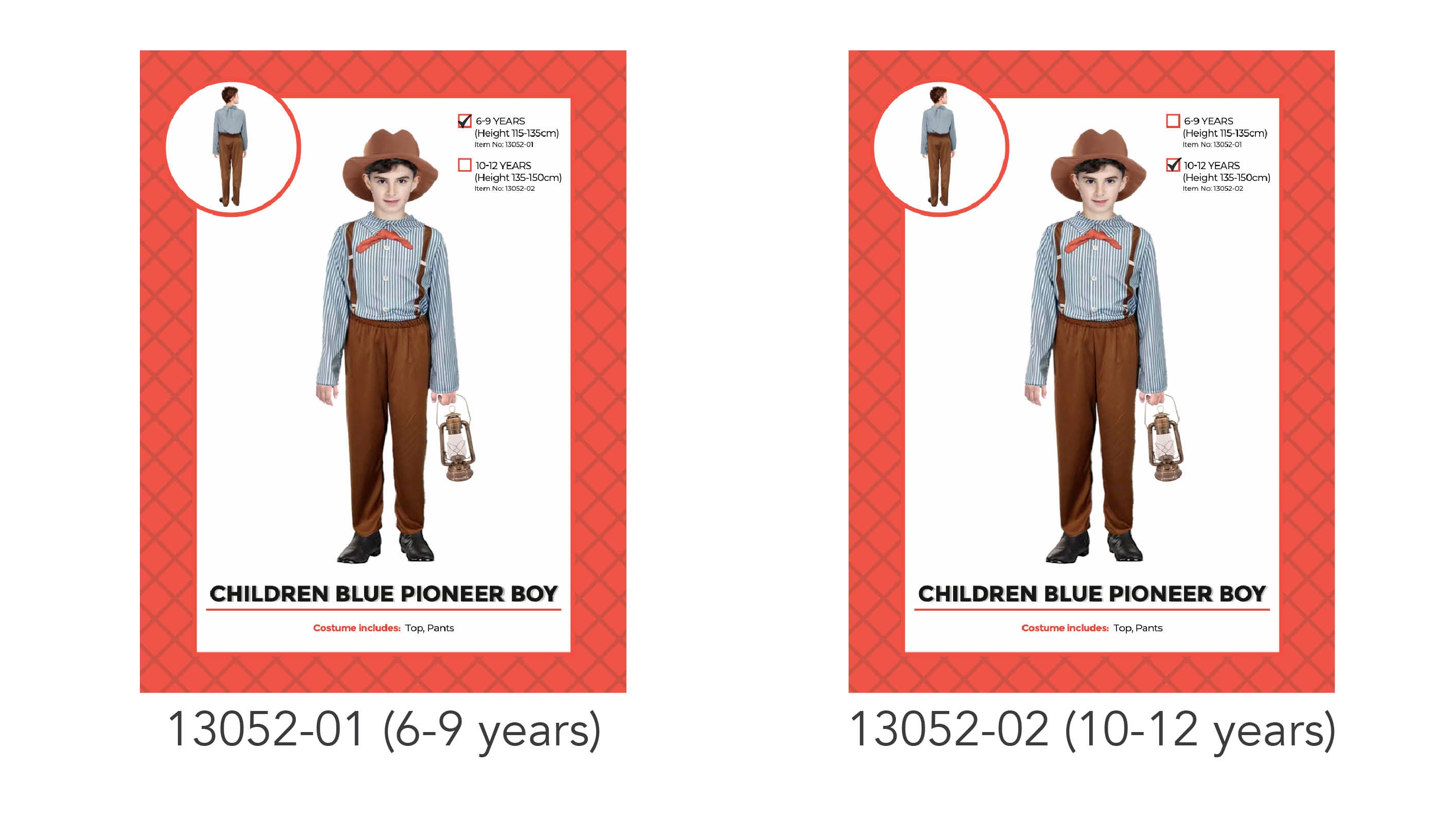 blue and white striped long sleeve top; brown pants with suspenders; brown hat accessory; elastic waistband on pants;