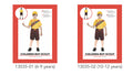 yellow short-sleeve shirt with pocket and button details; brown shorts with belt print; scout badge sash across chest; yellow cap included in costume; modeled by child in two size options indicated;