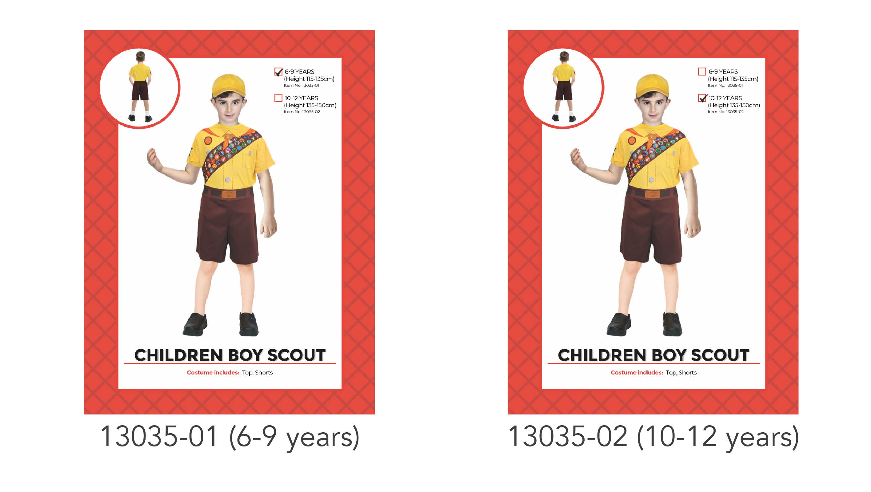 yellow short-sleeve shirt with pocket and button details; brown shorts with belt print; scout badge sash across chest; yellow cap included in costume; modeled by child in two size options indicated;