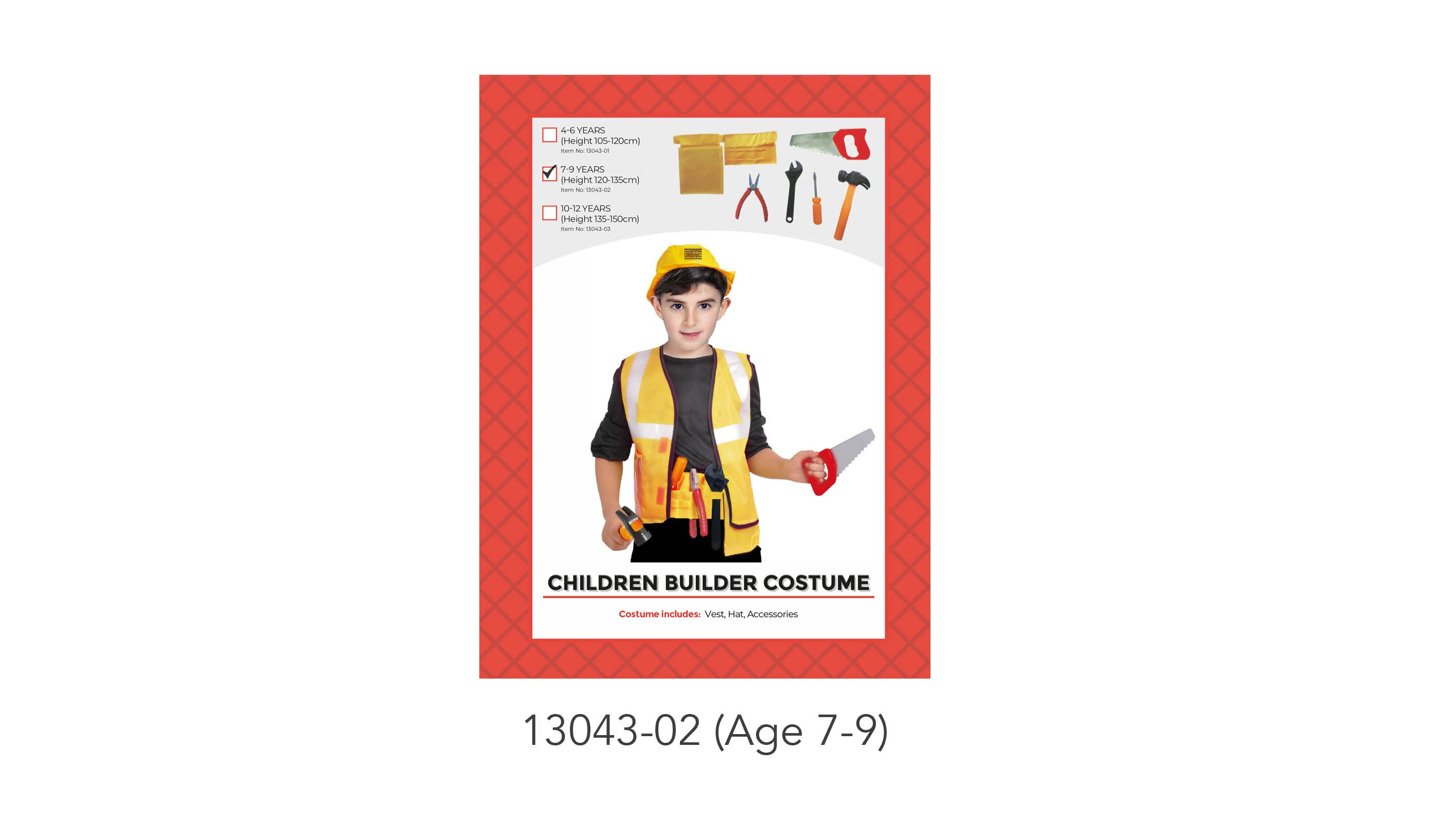 Yellow builder vest with reflective strips; Yellow hard hat; Tool accessories including saw, hammer, wrench, pliers, screwdriver; Costume designed for children aged 7-9;