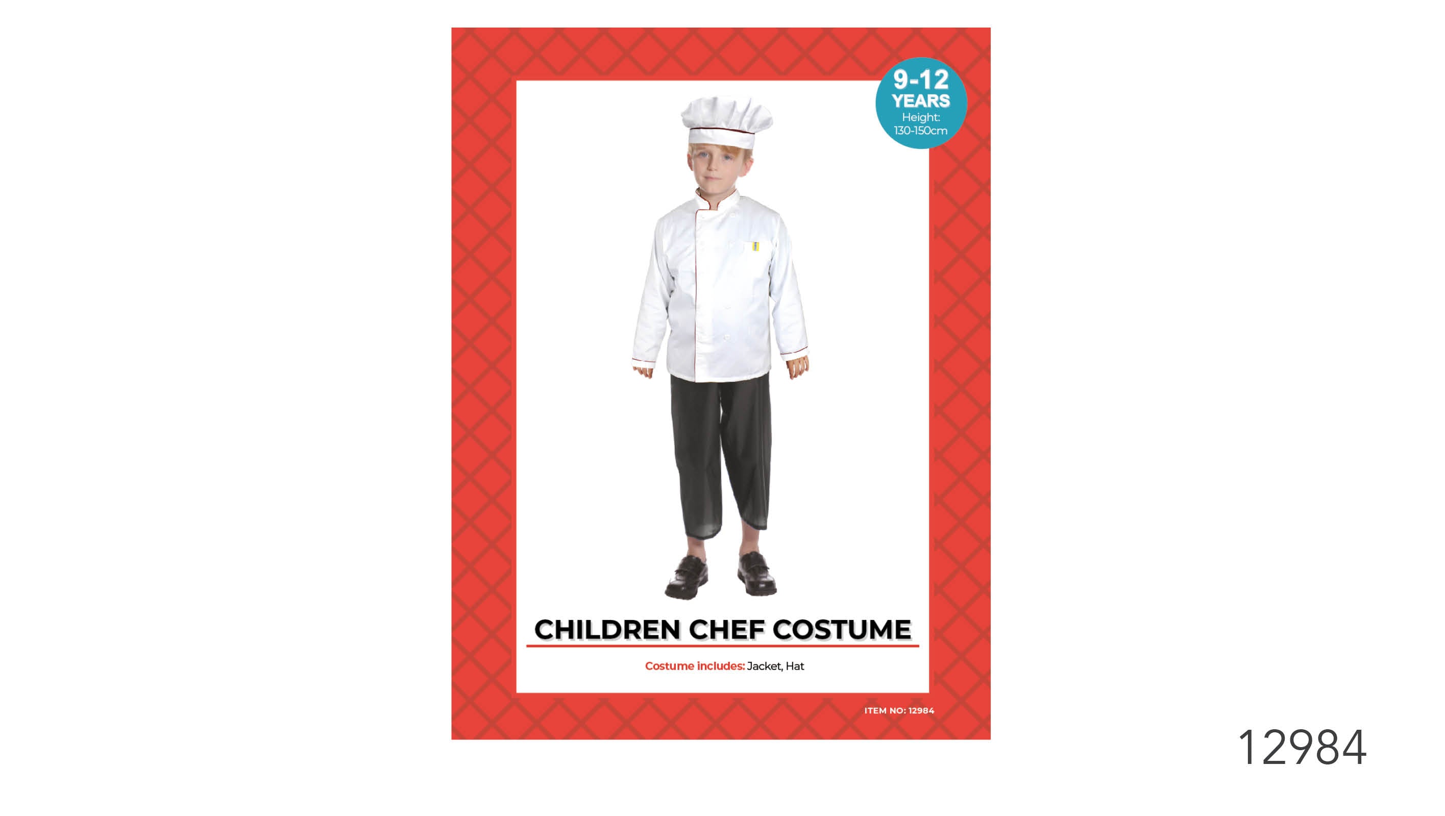 white chef jacket with brown trim; matching white chef hat; black pants worn by model; for children aged 9-12 years; packaging shows costume including jacket and hat;