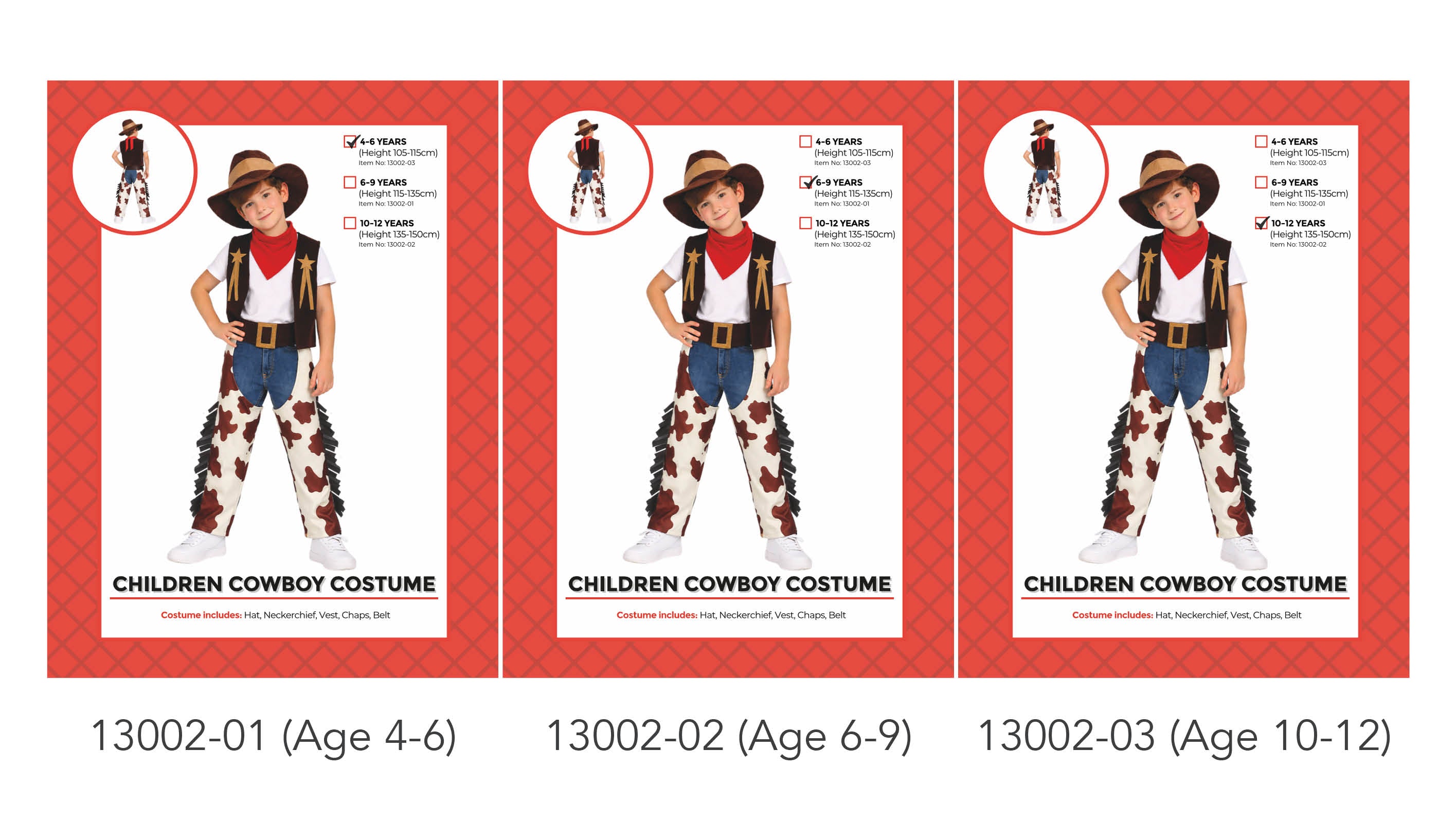 cow print chaps with fringe; brown cowboy hat; red neckerchief; black vest with sheriff stars; belt with large buckle;