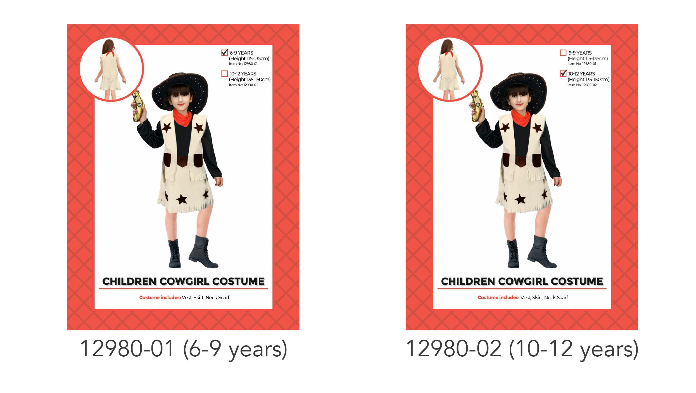 Beige costume with star appliques; Includes vest, skirt and neck scarf; Fringe detailing on vest and skirt; Available in size options 6-9 and 10-12 years; Brown accents and red scarf;
