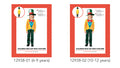 bright yellow jumpsuit with blue and red front detail; large green top hat with 10/6 label; green and black checkered pants; costume for children 10-12 years sizing;