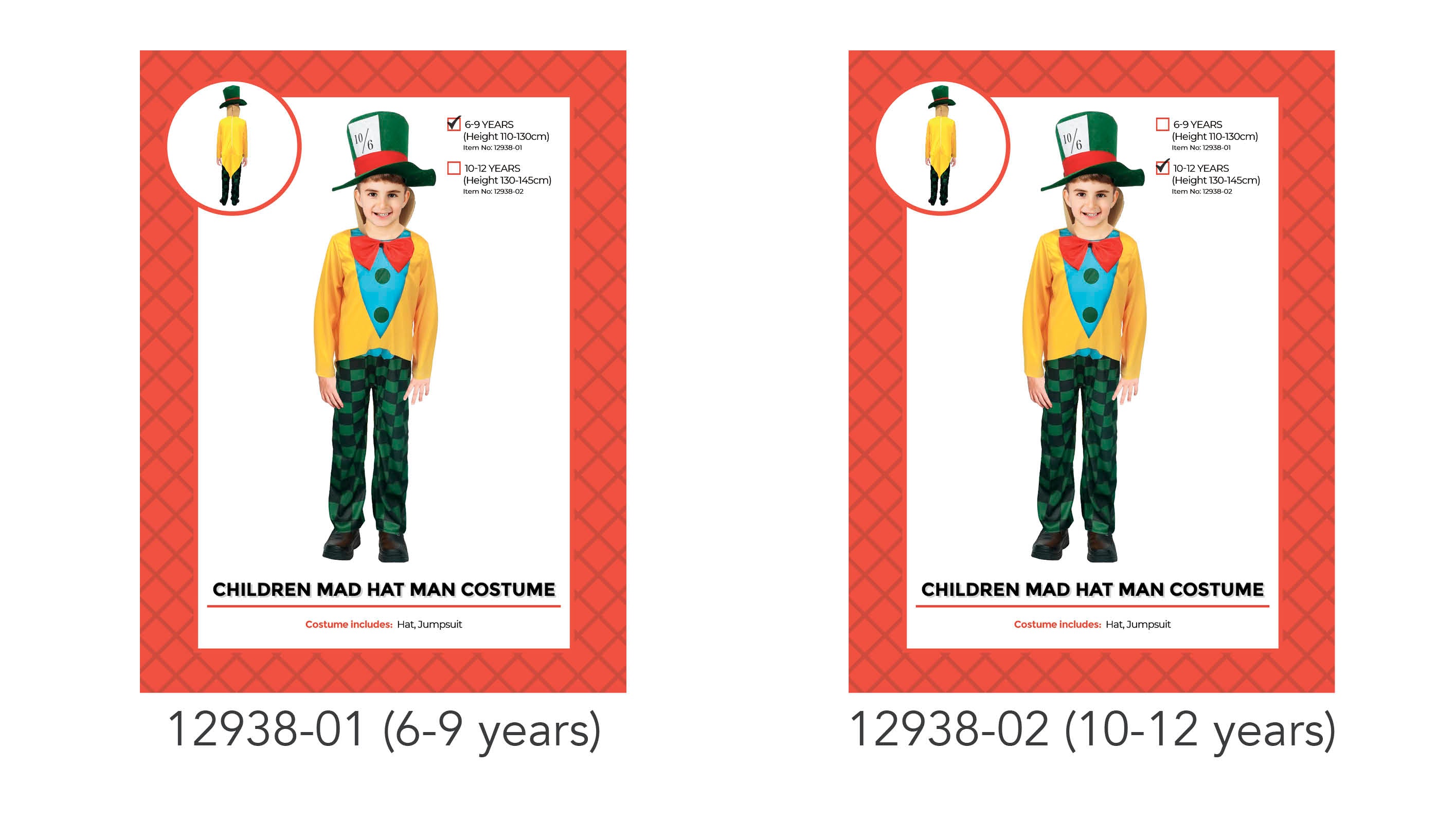 bright yellow jumpsuit with blue and red front detail; large green top hat with 10/6 label; green and black checkered pants; costume for children 10-12 years sizing;