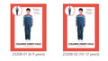 colourful striped long sleeve top; dark blue jumpsuit overalls; child-sized costume; shown on child model; casual shoe footwear visible;