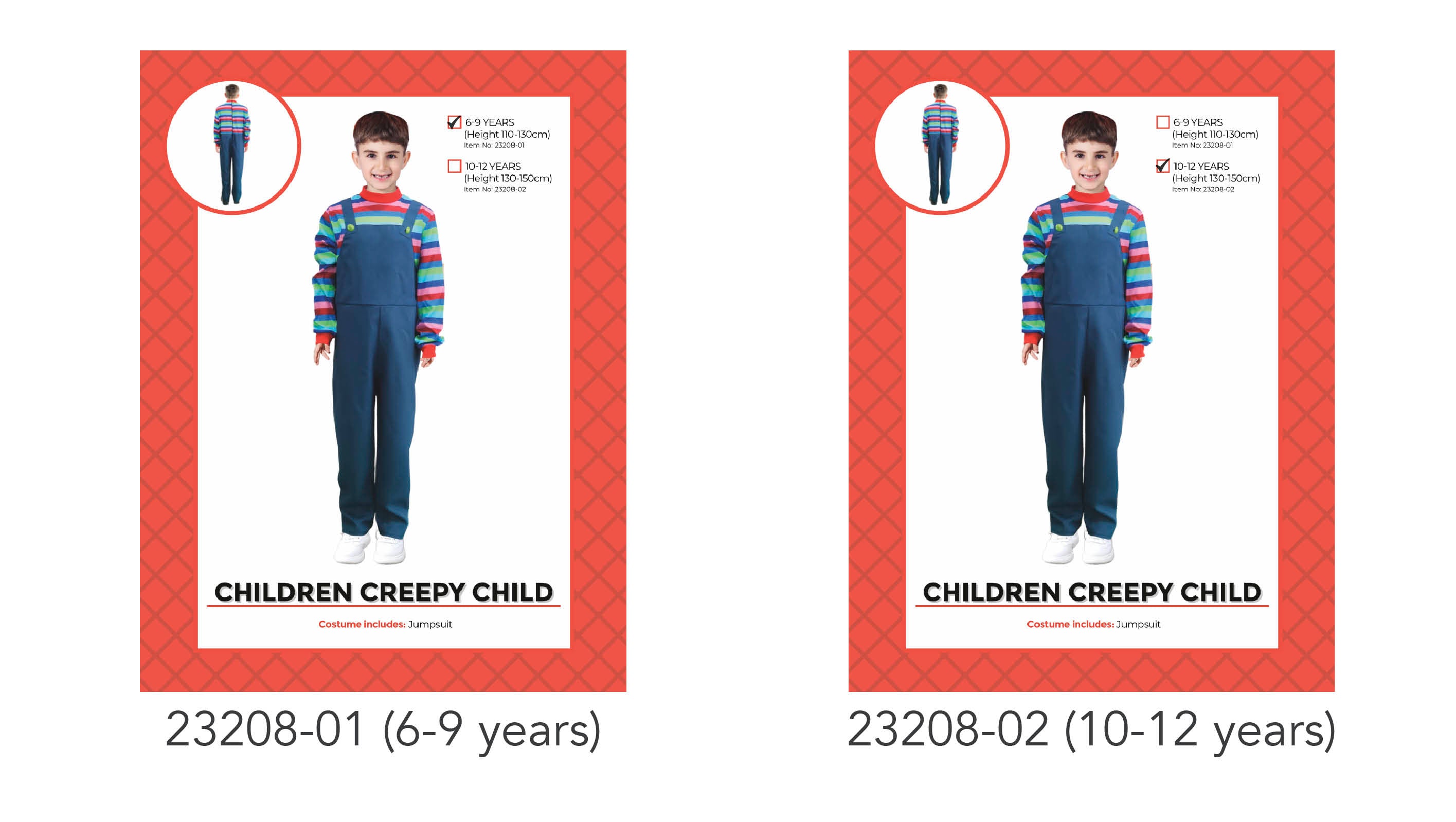 colourful striped long sleeve top; dark blue jumpsuit overalls; child-sized costume; shown on child model; casual shoe footwear visible;