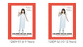 White flowing dress with sheer sleeves; Attached angel wings; White halo headpiece; Star-topped wand accessory; Child model wearing black shoes and white socks;