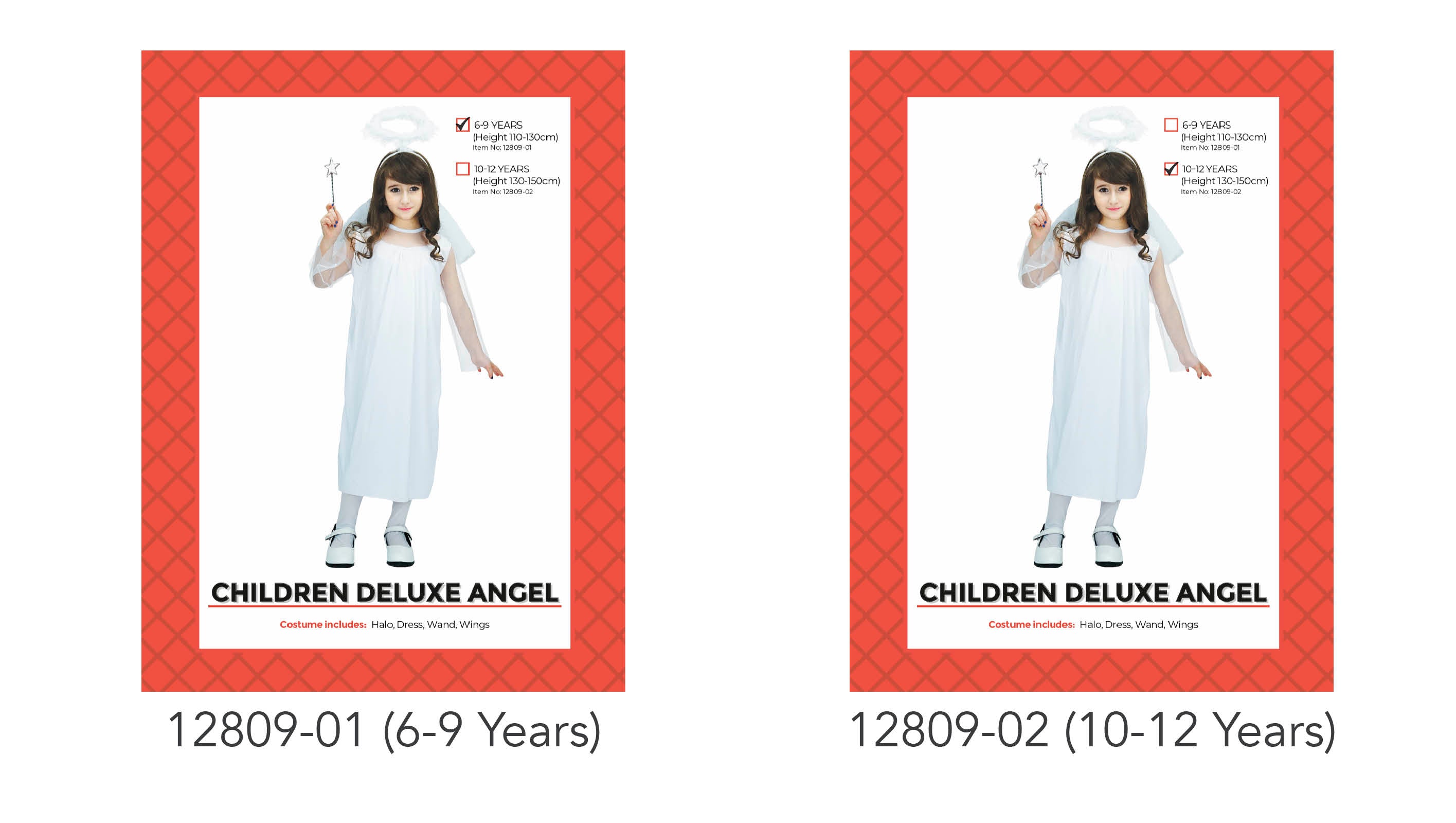 White flowing dress with sheer sleeves; Attached angel wings; White halo headpiece; Star-topped wand accessory; Child model wearing black shoes and white socks;