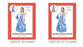 blue satin-look dress with ruffles; white long gloves; dress with puffed sleeves; tiara accessory shown on model;
