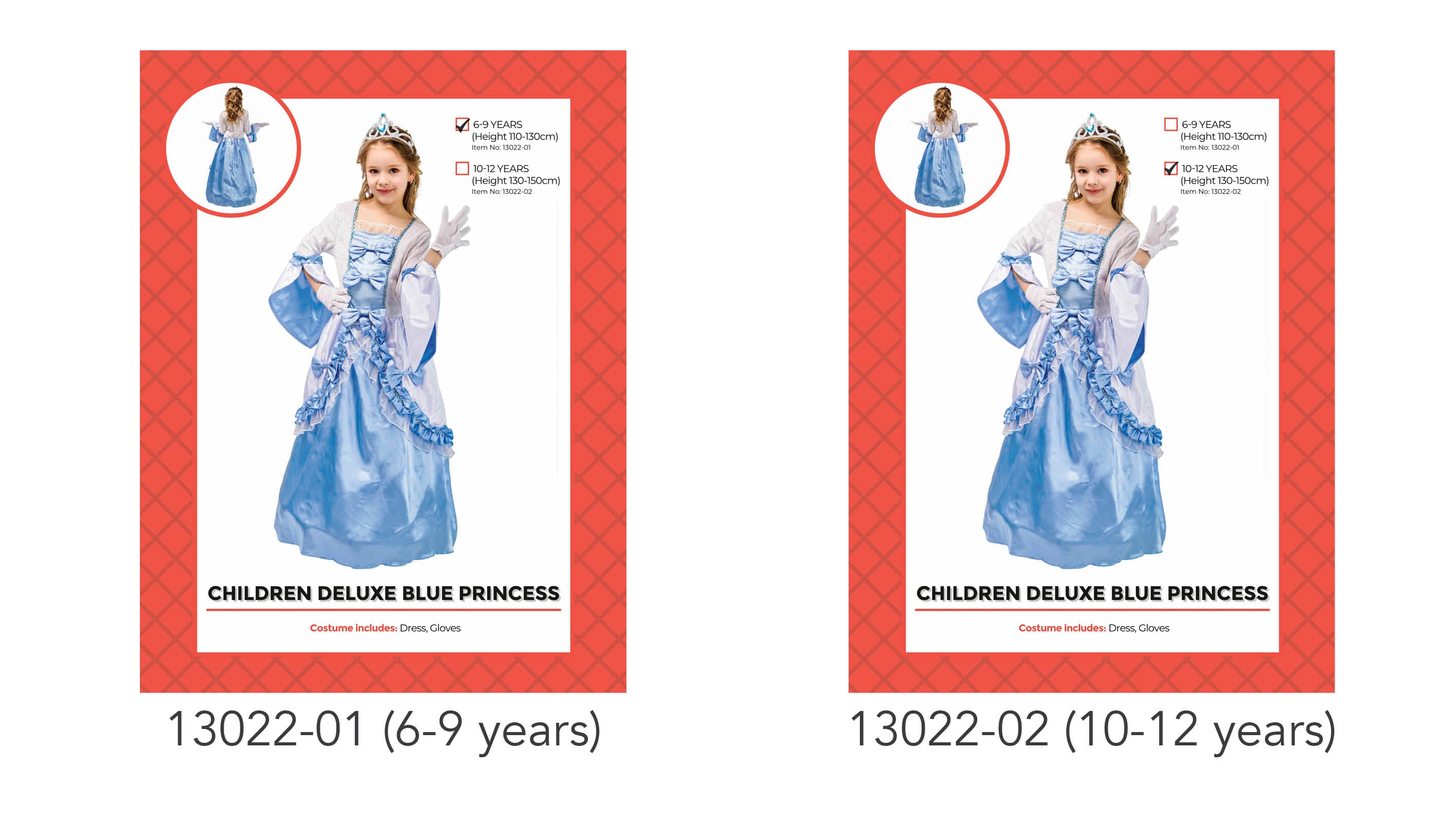 blue satin-look dress with ruffles; white long gloves; dress with puffed sleeves; tiara accessory shown on model;