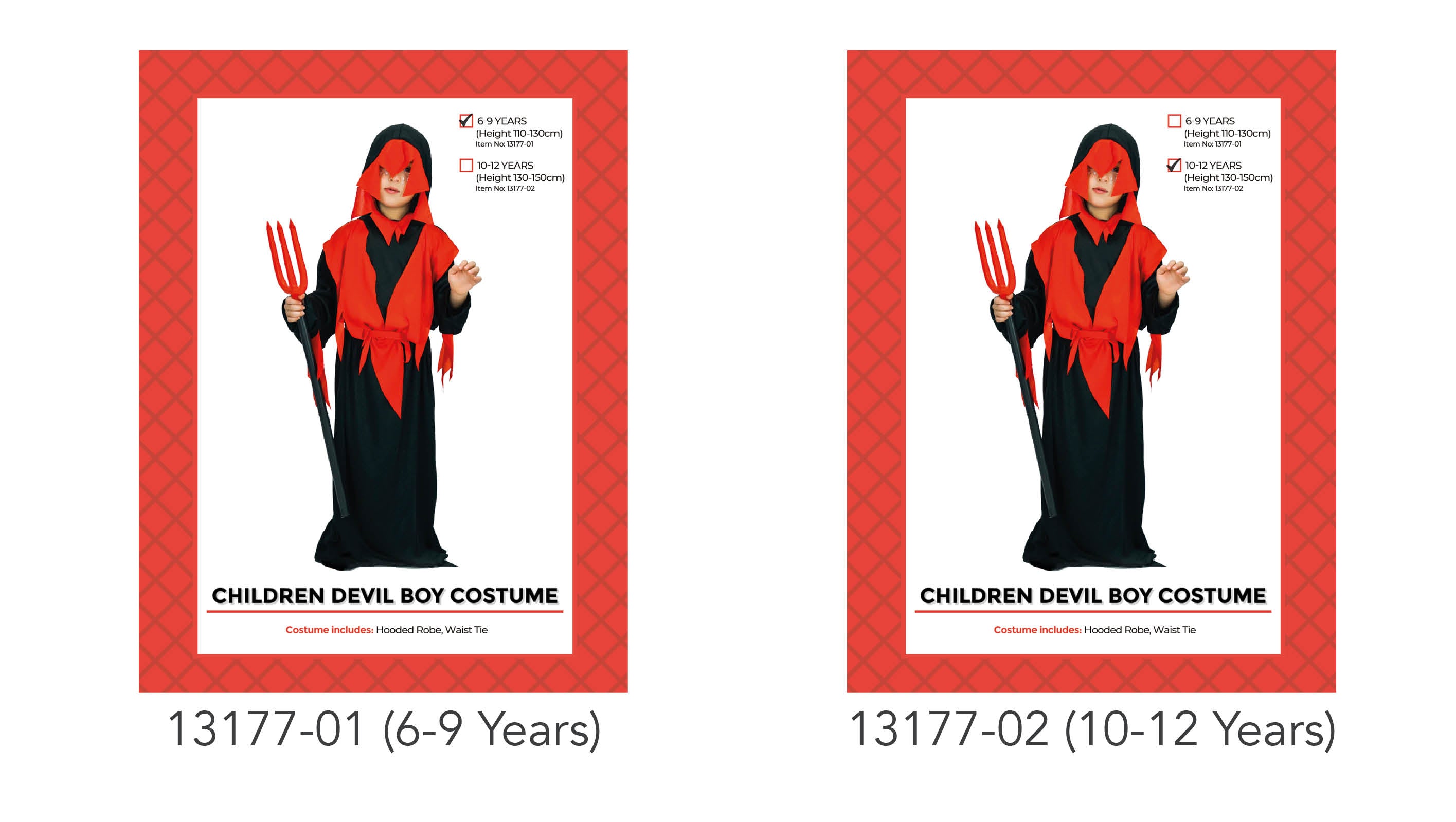 Black robe with red hood and red jagged edges; Waist tie included; Long robe length; Black and red colour scheme; Hood attached to robe;