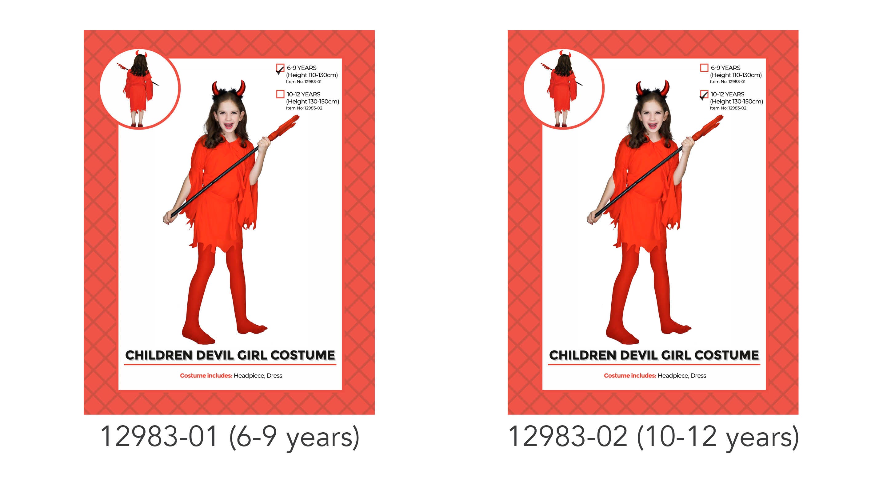 red dress with jagged hem; red devil horn headpiece; child wearing red tights; costume includes dress and headpiece;