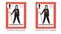 black hooded top with red tally marks; plastic skull mask; long sleeves; black pants; includes costume mask and hooded top;