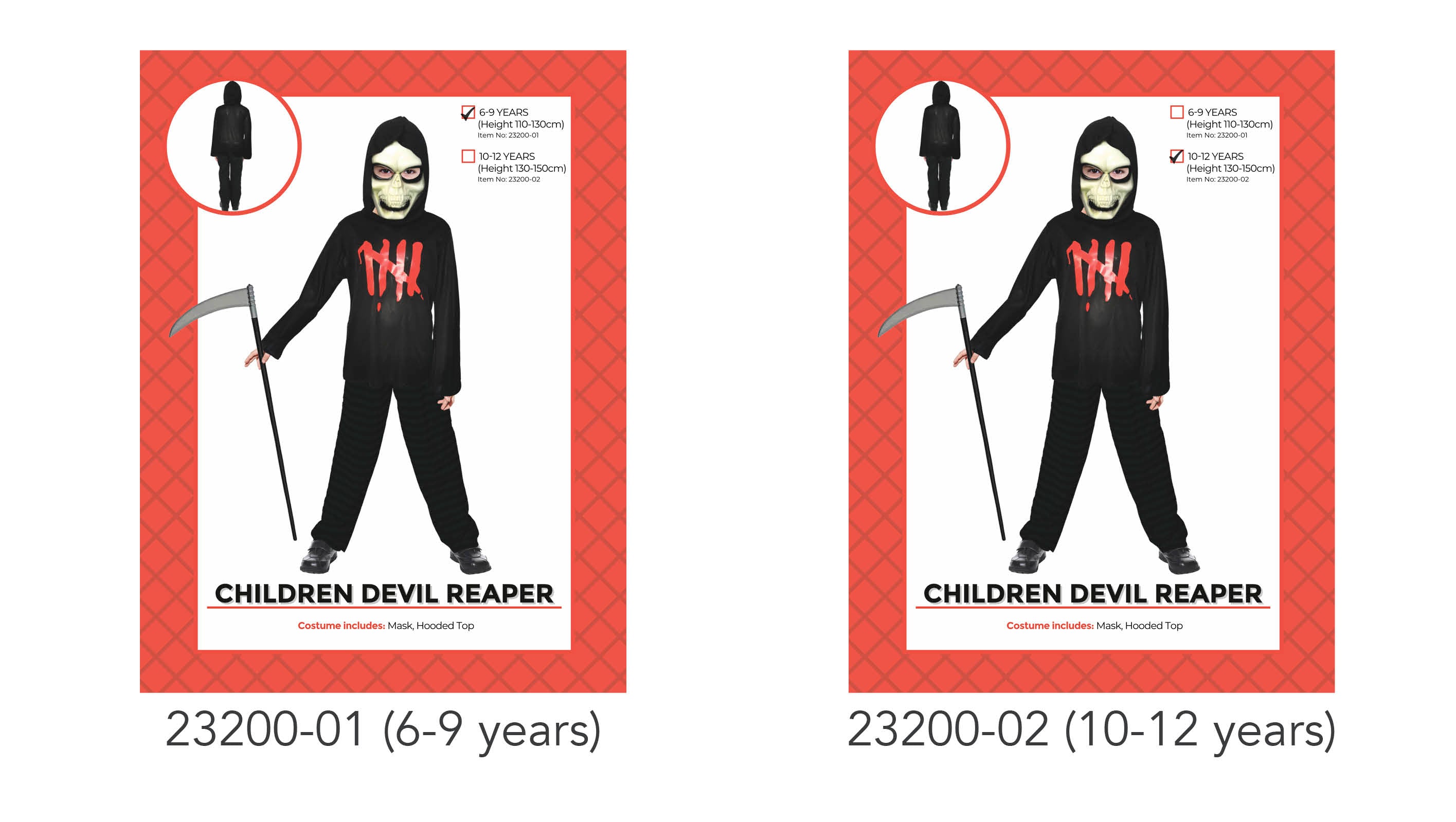 black hooded top with red tally marks; plastic skull mask; long sleeves; black pants; includes costume mask and hooded top;
