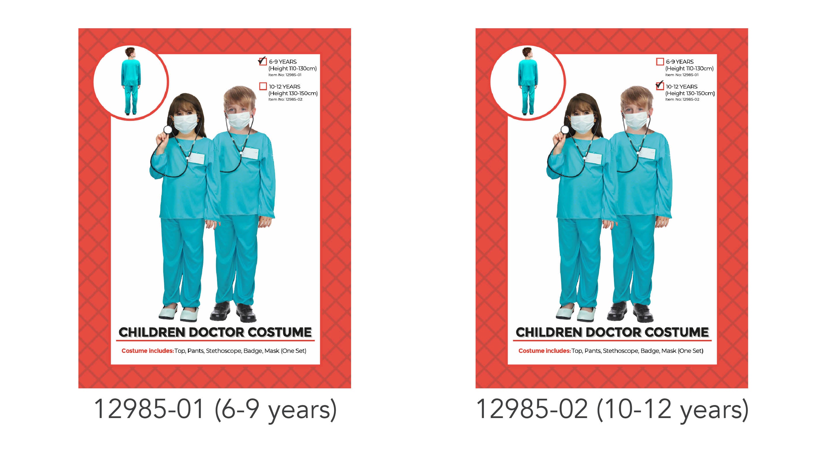Teal green top and pants; Includes stethoscope, badge, and mask; Long sleeves and full-length pants; Designed for children aged 6-9 or 10-12 years;