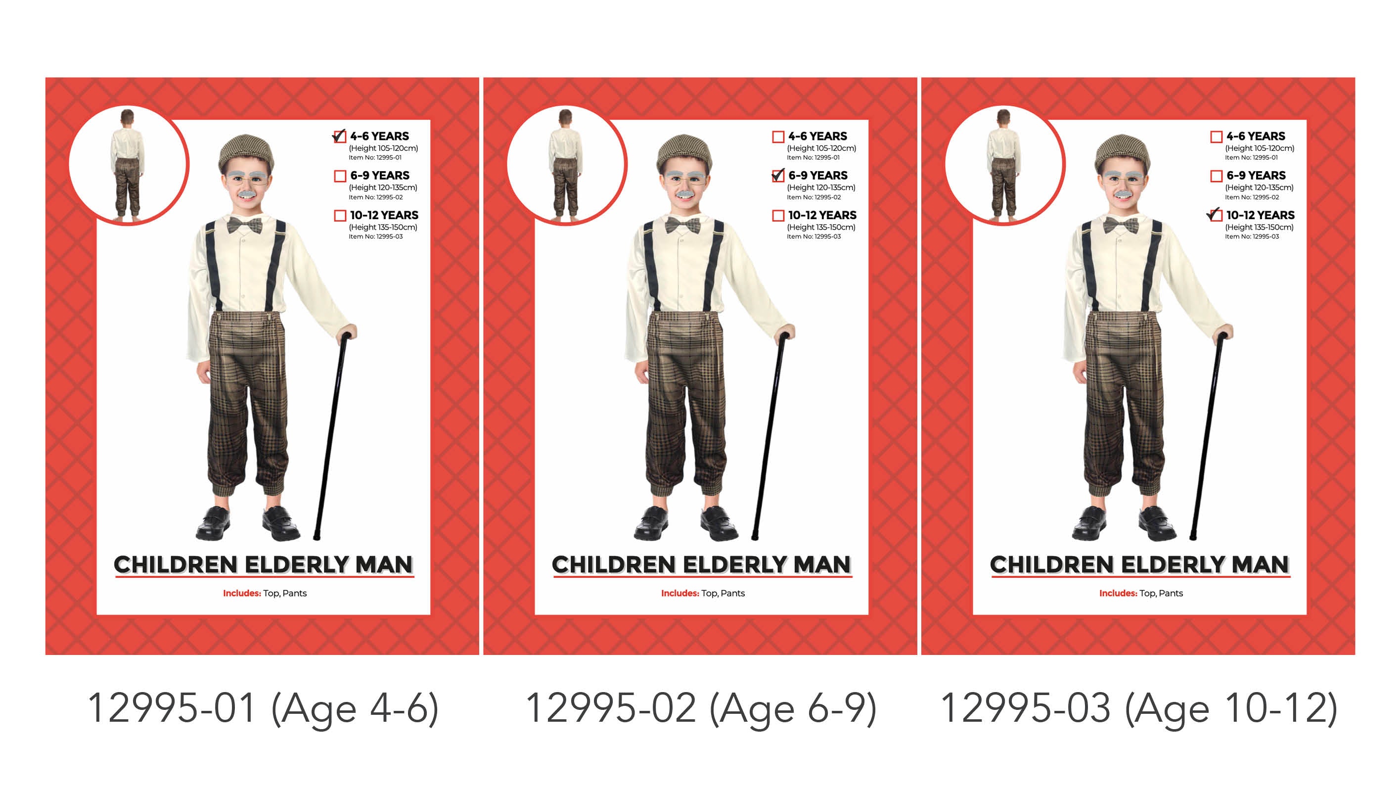 cream long-sleeve top with bow tie and black suspenders; brown checkered pants; black shoes; carrying a black cane; child model wearing a flat cap;