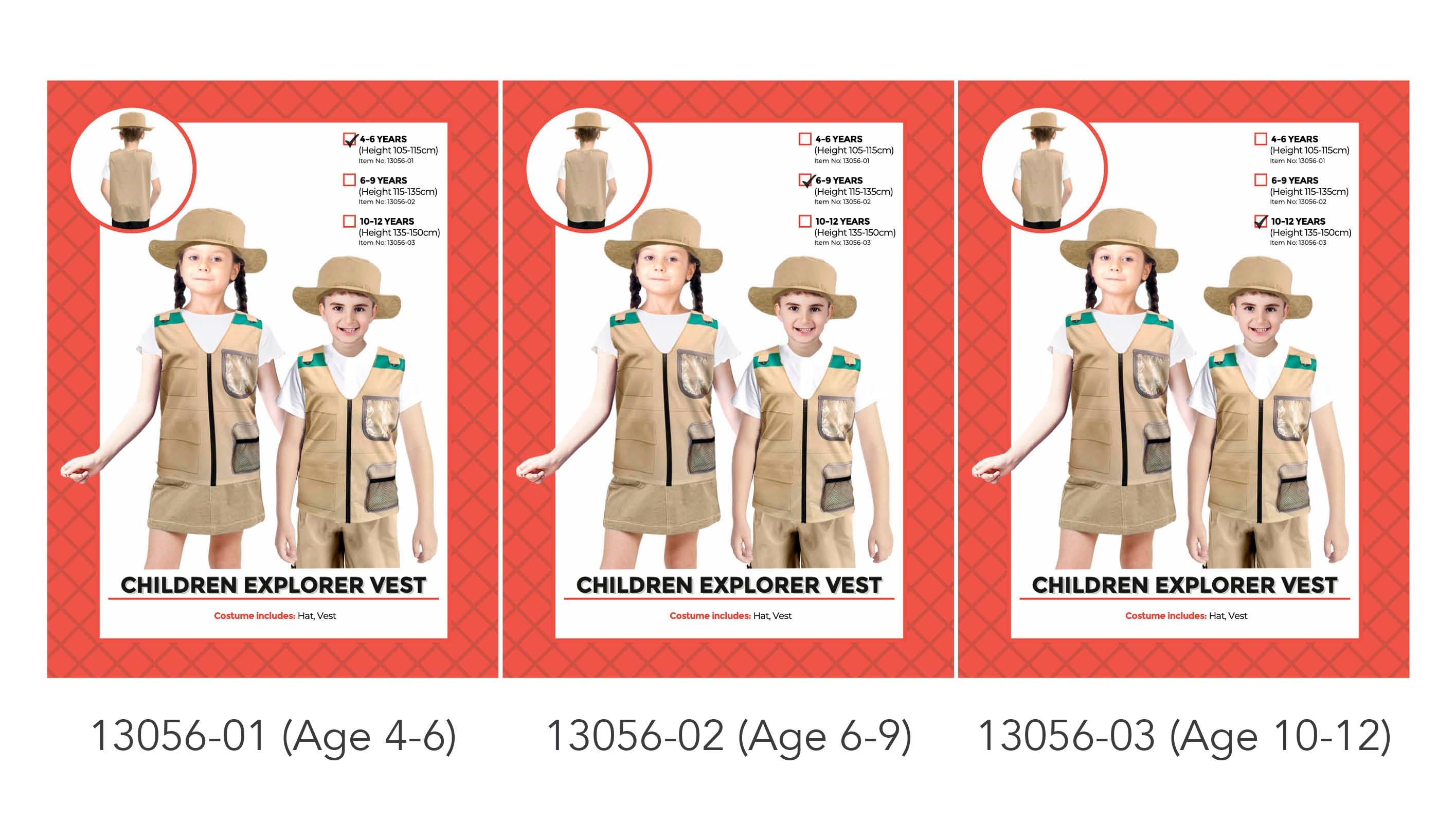khaki coloured vest with front zipper; wide-brim khaki hat; vest features green shoulder accents; vest has multiple faux pockets; available in 3 kids sizes;