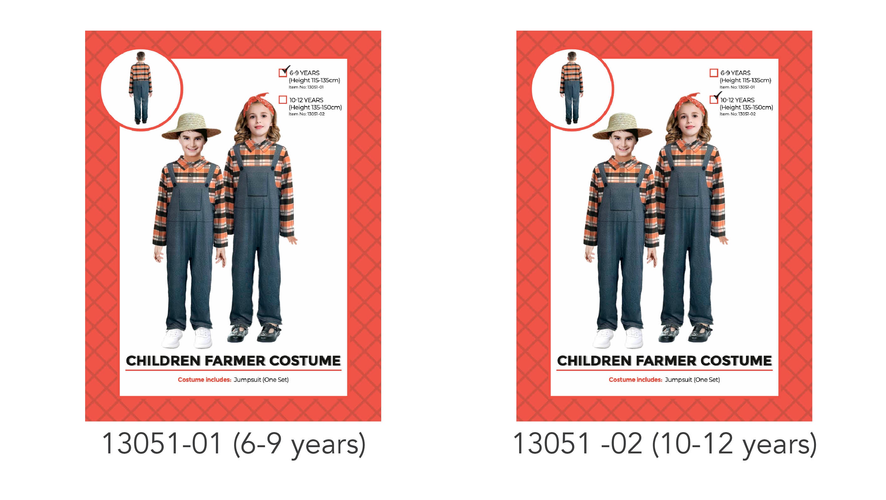 Plaid orange and black checkered shirt print; Dark blue overalls; One-piece jumpsuit design; Available in two child sizes 6-9 and 10-12 years; Includes a straw hat accessory shown on packaging;