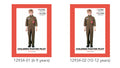olive green jumpsuit; embroidered patches on chest and arm; long sleeves and full-length legs; front zip closure; child model shown wearing costume;