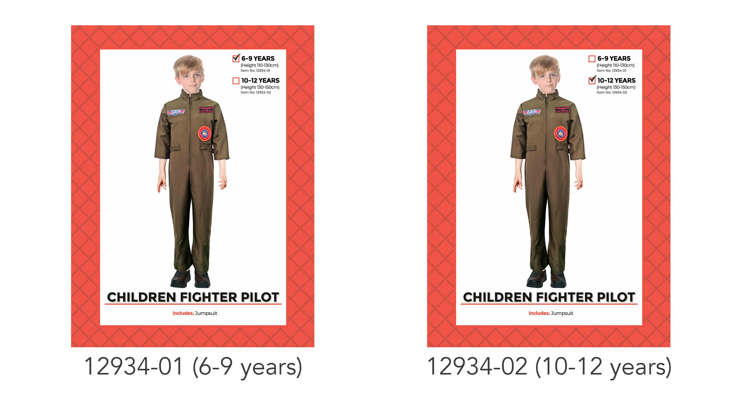 olive green jumpsuit; embroidered patches on chest and arm; long sleeves and full-length legs; front zip closure; child model shown wearing costume;