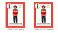 Red jacket with yellow reflective stripes; Black pants; Red fire fighter hat with badge; Includes a badge/star emblem on jacket;