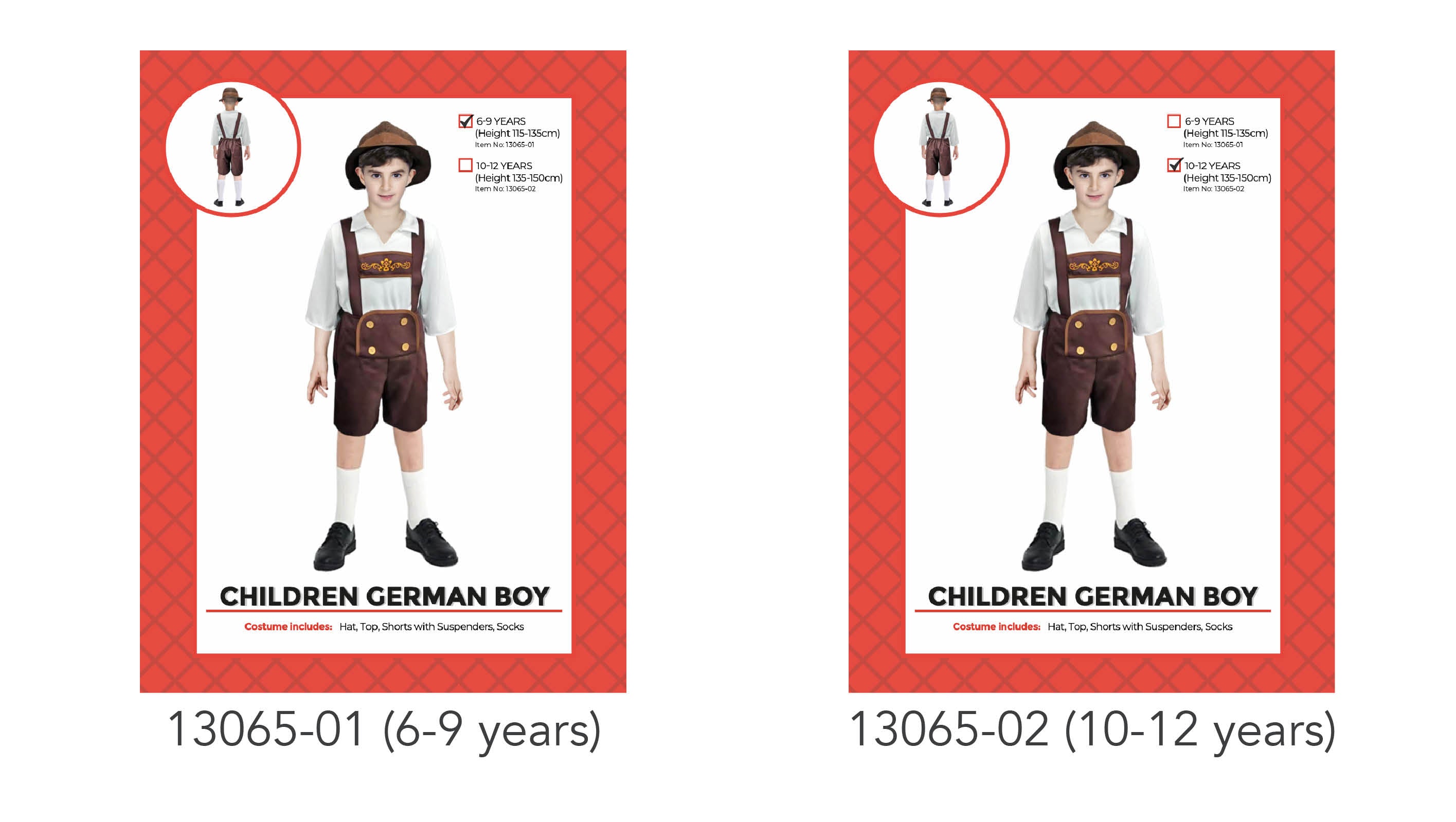 brown shorts with suspenders; white shirt with 3/4 sleeves; brown hat; long white socks; decorative gold print on suspenders;