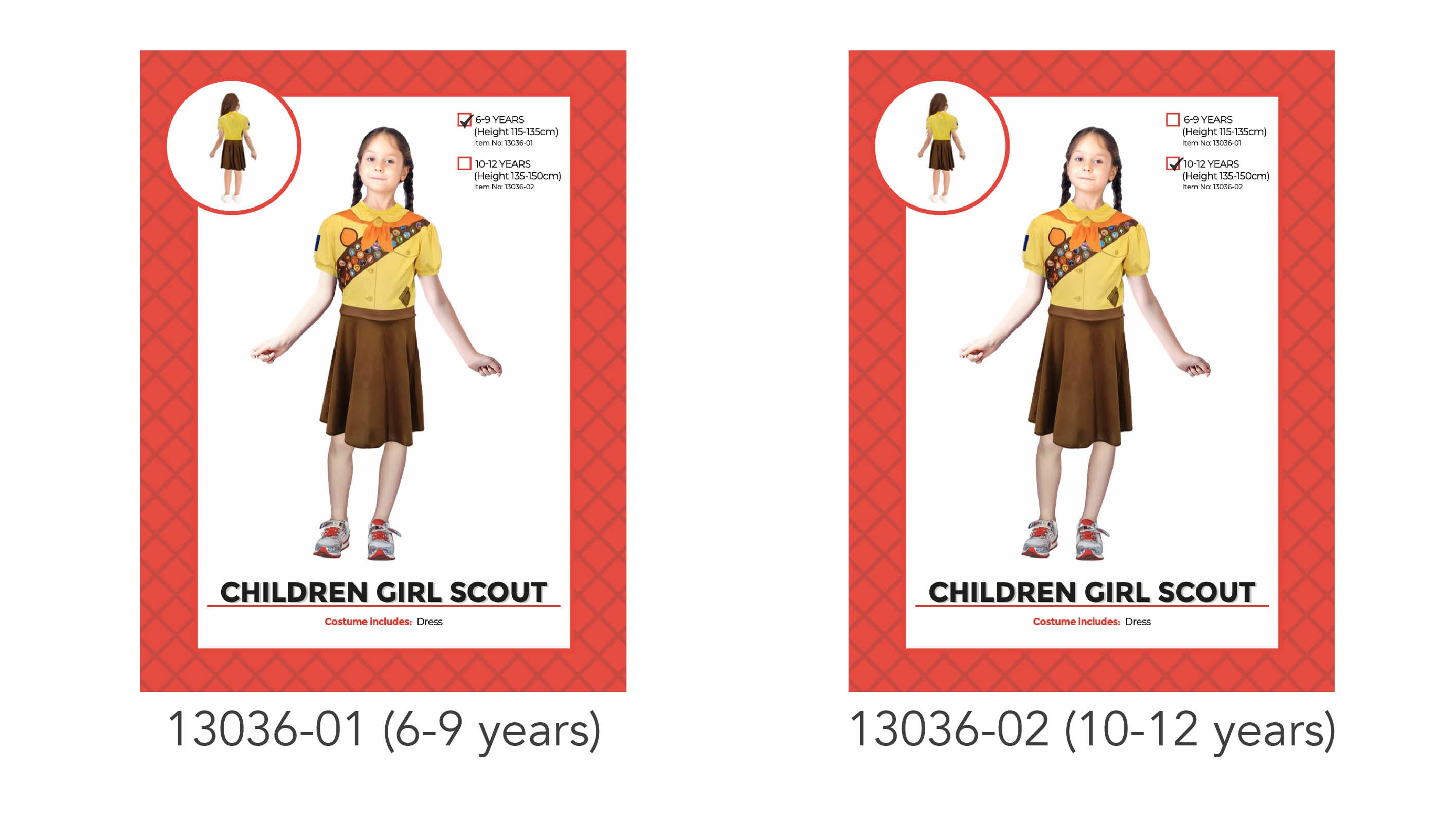 yellow top with scout sash print; brown skirt; short sleeves with puffed design; collared dress; single-piece costume dress;