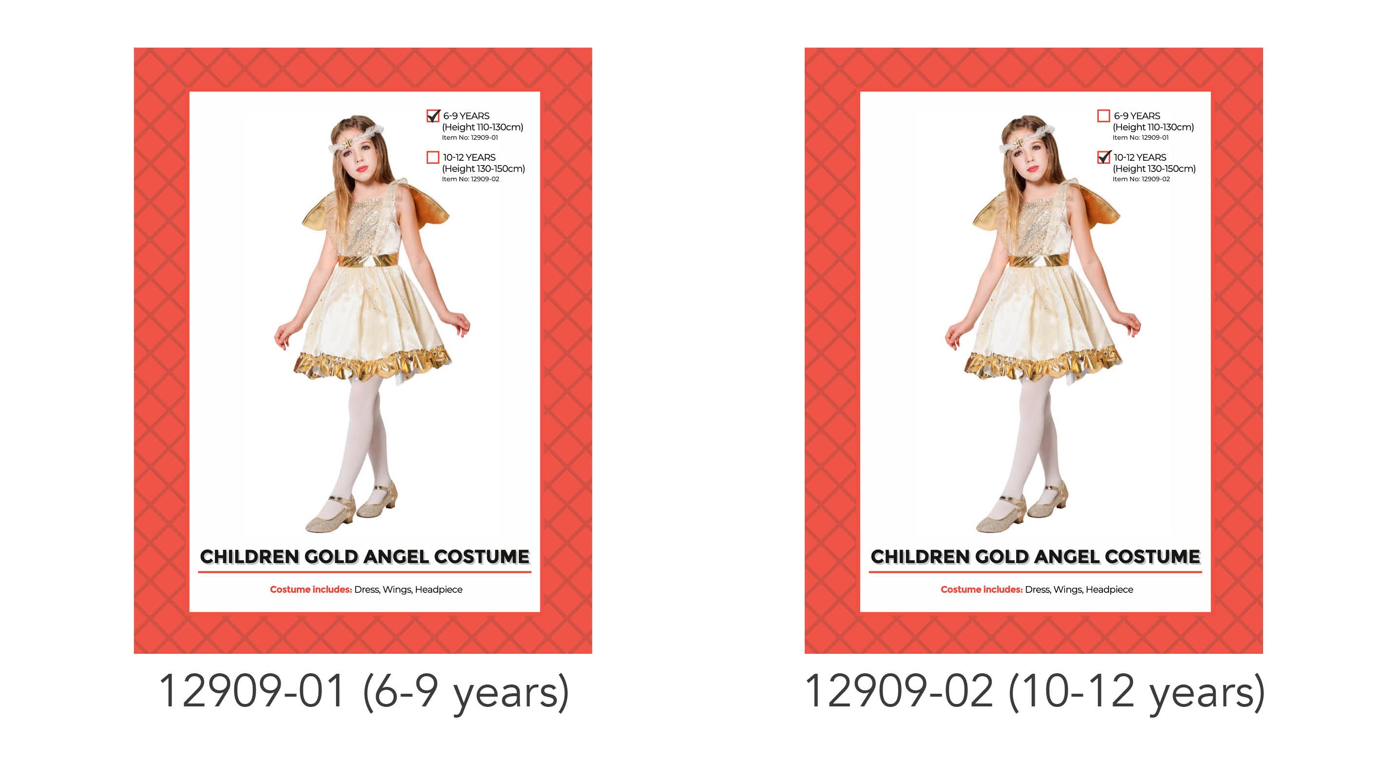 golden dress with shiny gold trim; golden angel wings attached; white tights worn by model; headpiece with white fluffy detail; dress is sleeveless with a fitted waist;