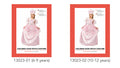 Pink dress with puffed sleeves; Silver decorative details on dress; Matching pink headpiece; Shiny satin-like fabric; Two size options shown on packaging;